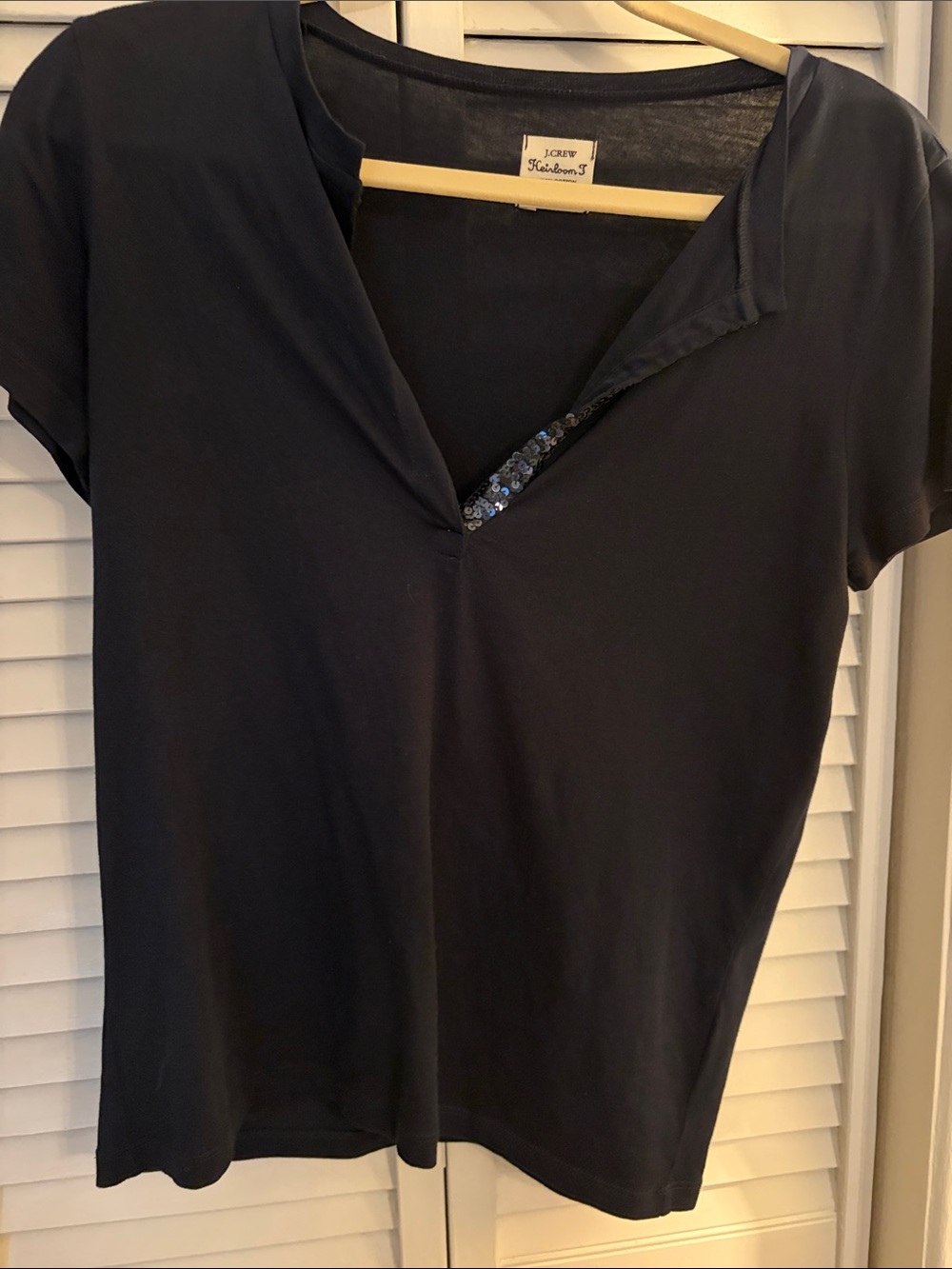 J. Crew Navy Short Sleeve V-Neck Top with Sequin Trim